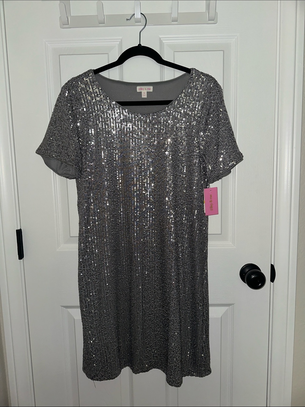 Riley & Rae Sequin Short Sleeve Shift Dress - Silver NWT